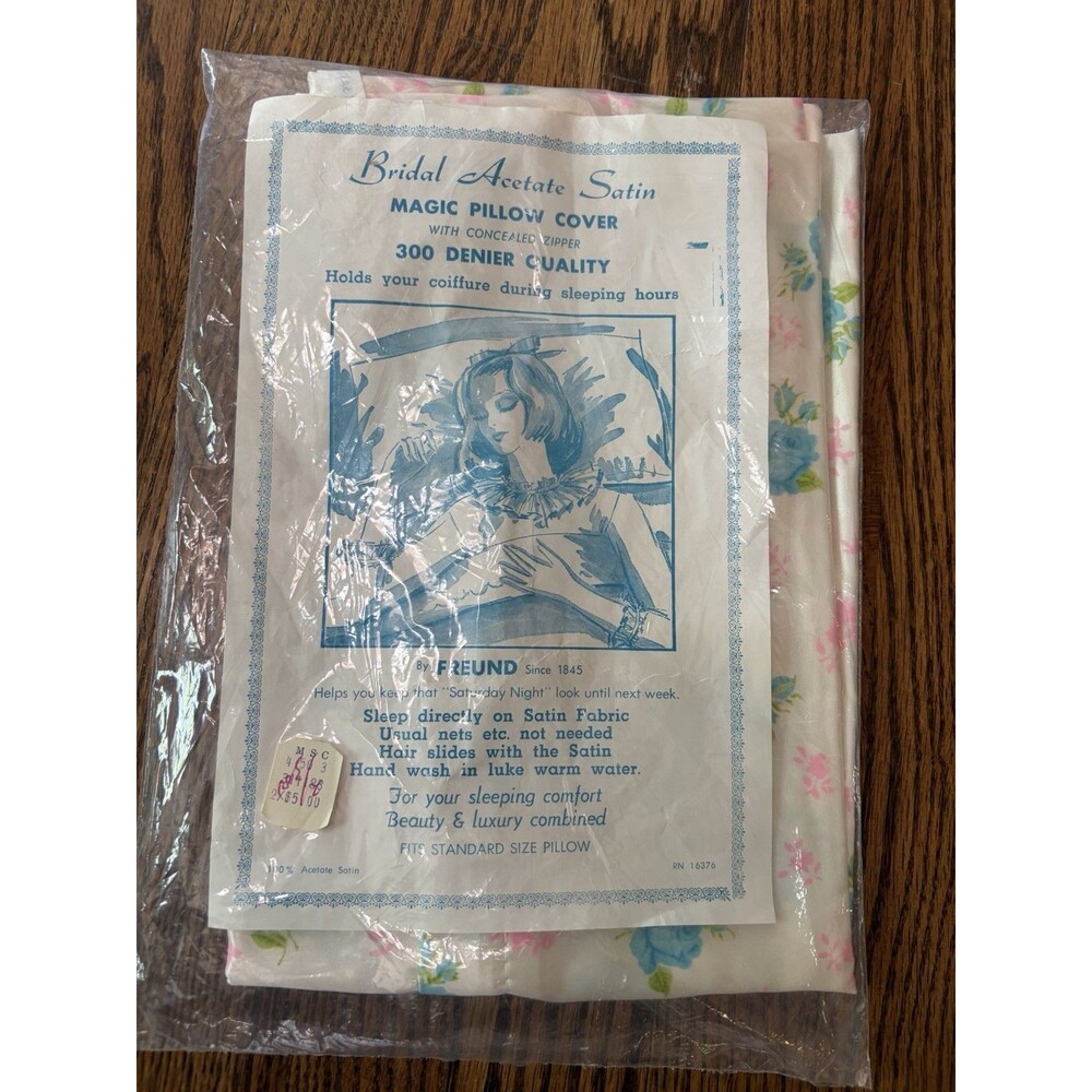 New Vintage Bridal Acetate Satin Magic Pillow Cover Made USA Freund Blue Flowers